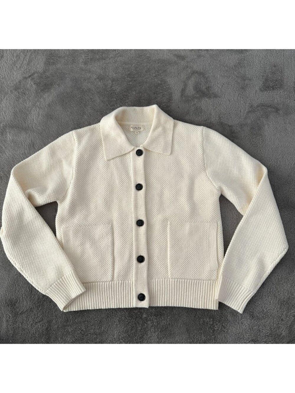 Roolee Cream Textured Collared Sweater Cardigan Button Up SMALL Coquette